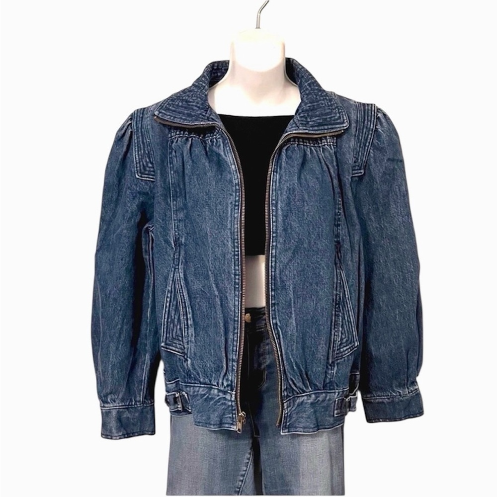 Learsi Womens Vintage Funnel Neck 80s Distresses Blue Denim Bomber Jacket L